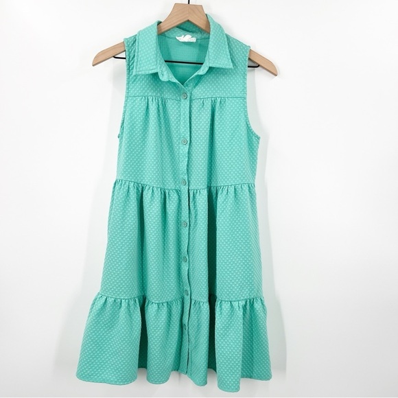 Heyson Teal Textured Woven Tiered Ruffle Flare Button Down Dress - Picture 2 of 7